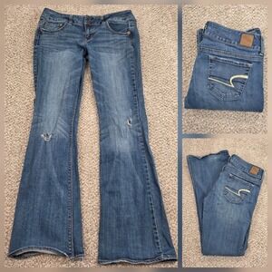 American Eagle Artist Flare Denim Jeans Low Rise Double Button 8 REG Distressed